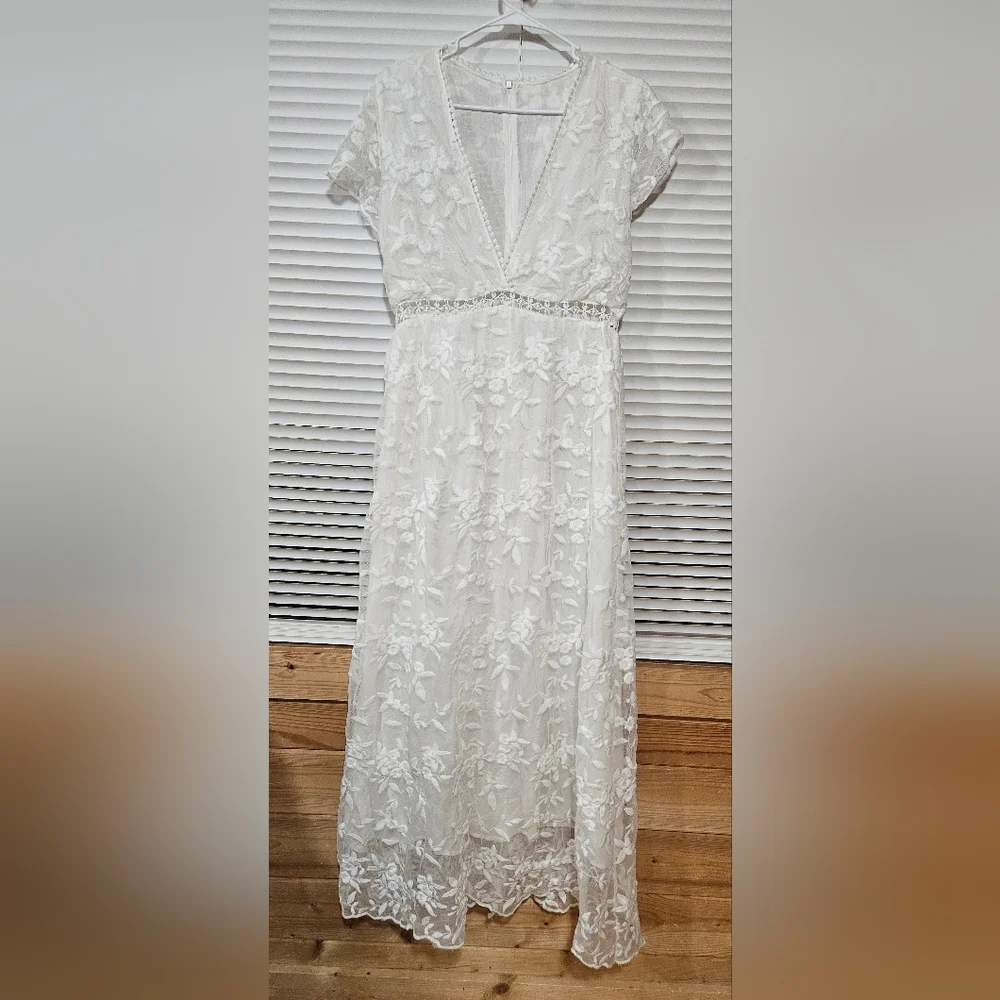 Women’S Summer V-Neck Short Sleeve Lace Hook-Floral Dress Chiffon Fabric Sze L - Picture 3 of 6